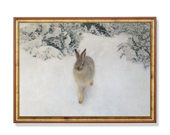 Vintage Hare Art Print | Winter Landscape Oil Painting, Snow Scene
