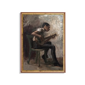Vintage Man Guitar Portrait: Moody Rustic Art Print