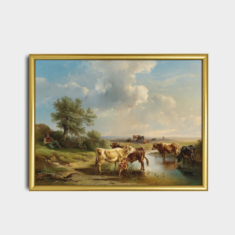 Gedruckt und versandt Landschaft mit Rindern Antikes Kühe Gemälde Landhaus Dekor Physische Drucke Horizontale Fine Art Bild 5