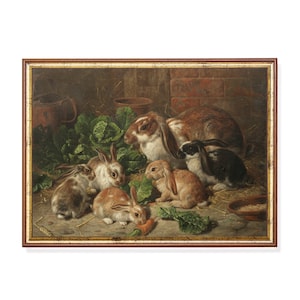 Mailed Print | Vintage Rabbit Painting | Antique Bunnies Print | Rustic Animal Oil Painting | Family of rabbits | Print and Ship | Fine Art