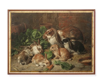 Vintage Rabbit Family Print: Rustic Animal Oil Painting