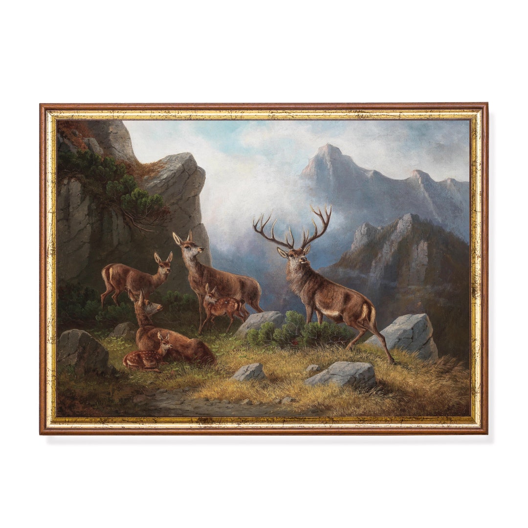 Vintage Deer Painting: Rustic Mountain Landscape Art Print - Etsy