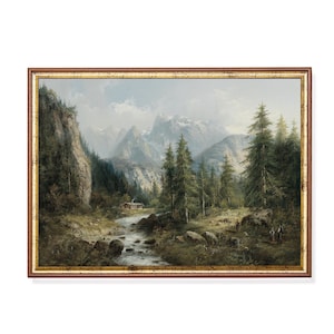 Alpine Landschaft - Majestätische Berglandschaft - Rustikale Hüttenkunst - Ruhige Waldmalerei - Vintage Natur - Serene Flussszene Nur Druck
