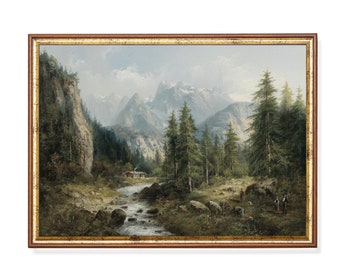 Alpine Mountain Landscape Print: Vintage Cabin Art, Serene Nature