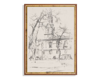 Grabado de un boceto de una iglesia antigua: Arquitectura minimalista europea (descarga digital)