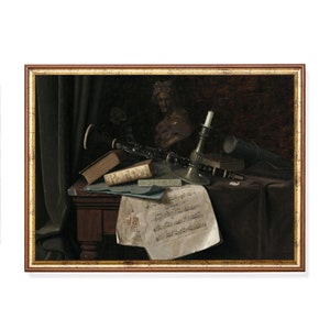 May include: A framed still life painting featuring a clarinet, sheet music, books, and a candle holder. The artwork has a dark, moody color palette with a classical aesthetic. The frame is a warm brown with gold accents.