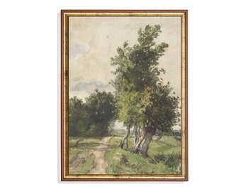 Vintage Forest Landscape Watercolor Art Print: Antique Farmhouse Decor