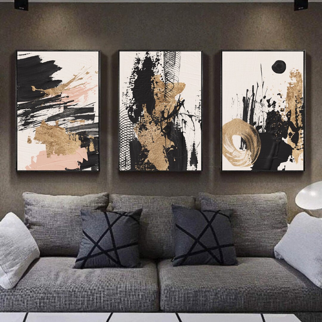 Abstract 3 Piece Wall Art Black Blush Pink Gold Oil Painting Print Set ...