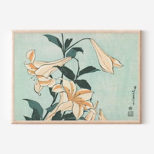 Japanese Lily Botanical Print – Vintage Hokusai Flower Woodblock, Pale Orange Lily Ukiyo-e Art, Antique Floral Wall Decor