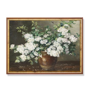 Vintage Floral Painting: White Blossom Bouquet in Rustic Pot (Digital Download)