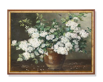 May include: A painting of a bouquet of white flowers in a brown ceramic vase. The flowers are arranged in a loose, natural style, and the vase is simple and elegant. The background is a soft, muted green.
