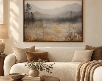 Misty Mountain Landscape Wall Art Print – Neutral Moody Nature Painting, Serene Lake & Wildflower Decor