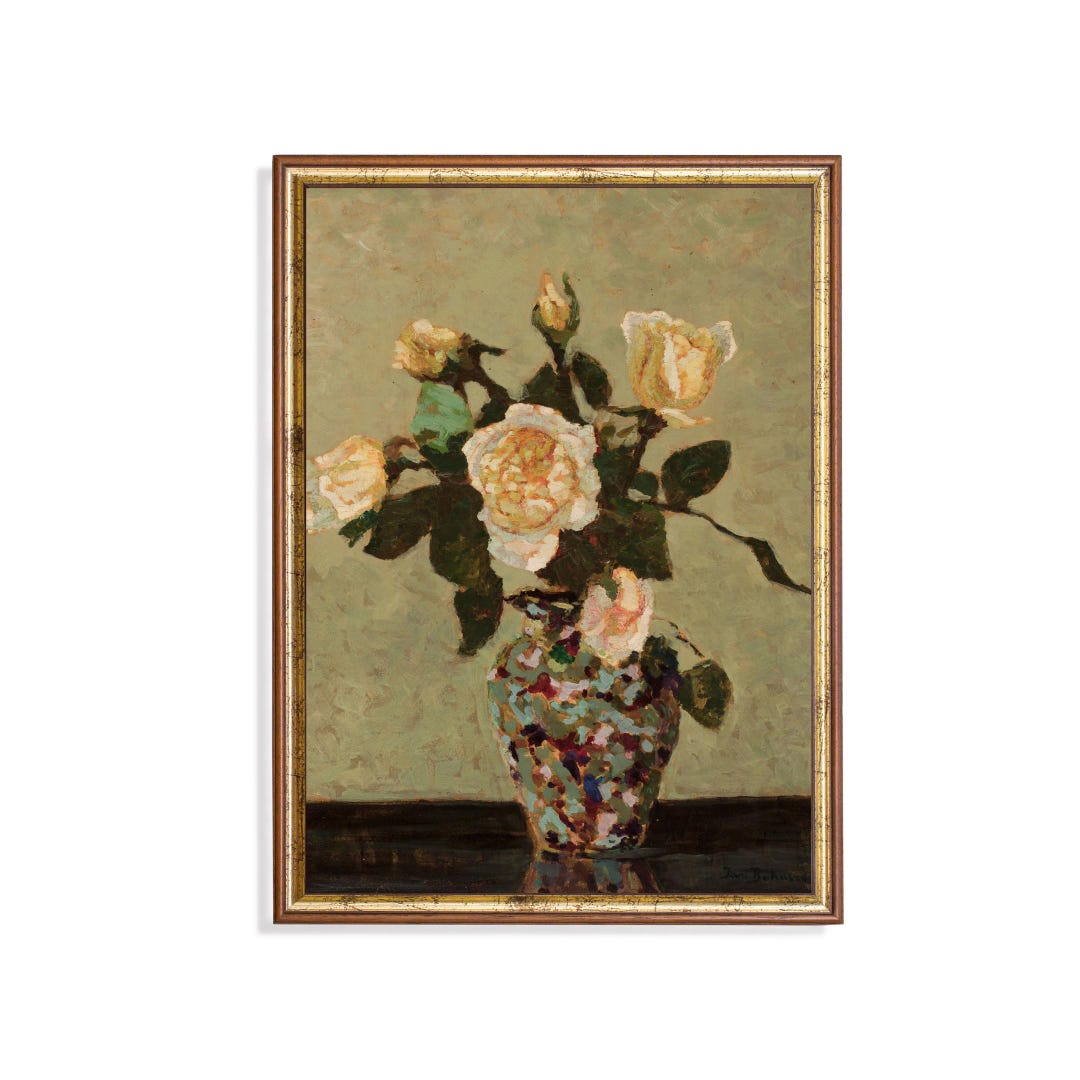 Vintage Rose Still Life Art Print, Impressionist Floral Vase Painting ...
