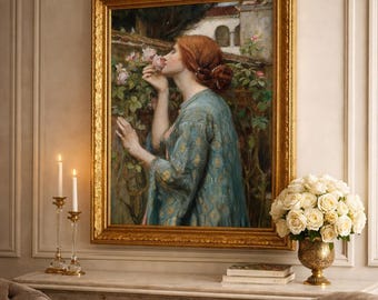 絵画 。壁掛け絵【神聖なヨーロッパの荘園でバラの花を楽しむ少女と魅力的な黒猫】 ジョン・ウィリアム・ウォーターハウス作「バラを持つ女性