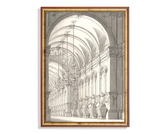 French Baroque Gallery Art Print: Vintage Palace Architectural Drawing (Digital Download)