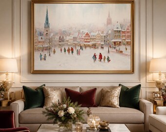 Christmas Market Scene Art Print: Winter Holiday Home Decor