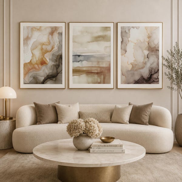 Set of 3 Neutral Abstract Wall Art, Beige Modern Minimalist Prints