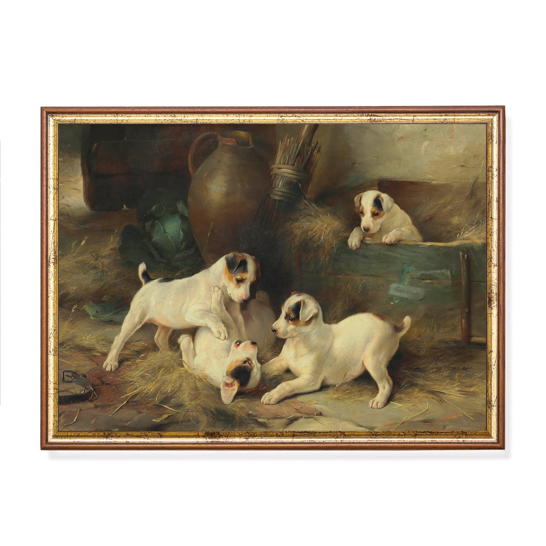 Printed and Shipped Four Puppies Playing Vintage Dogs Print Antique