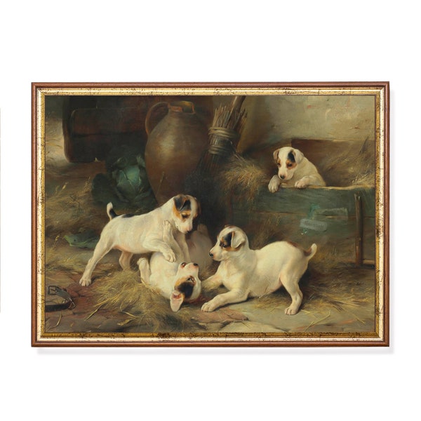 Four Puppies Playing | Vintage Dogs Print | Antique Animal Artwork | Digital Download | Printable Wall Art | Farmhouse Decor | Fine Art