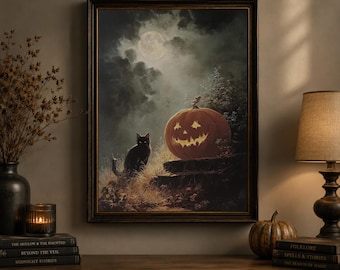 Vintage Halloween Black Cat Jack-o'-Lantern Print, Moonlit Spooky Autumn Artwork (Digital Download)