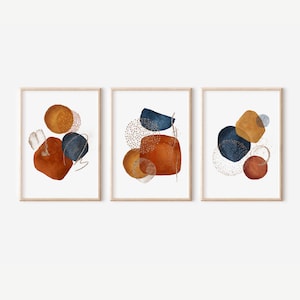 Printed and Shipped | Abstract Wall Art | Set Of 3 Navy Blue Terracotta Burnt Orange print | Boho Art Print | Modern Contemporary Art