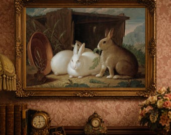 Vintage Rabbit Painting Print – Antique Bunny Wall Art – Cottagecore Farmhouse Decor – Rustic Animal Artwork