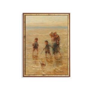 Vintage Children Playing Print: Antique Coastal Art, Kids Room Decor