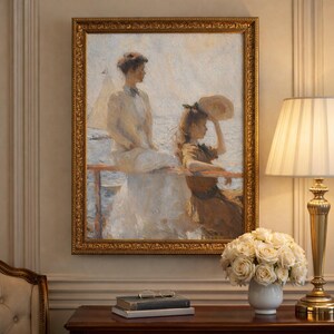 Impresión vintage de escena de playa: Mujeres impresionistas junto al mar (descarga digital)