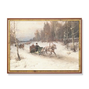 Vintage Sleigh Ride Painting, Winter Landscape Art (Digital Download)