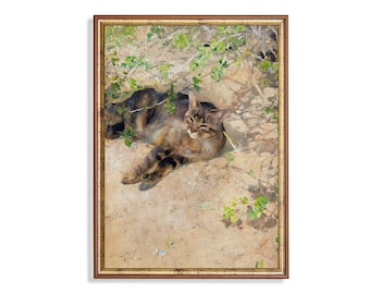Vintage Cat Painting Print: Rustic Farmhouse Animal Art