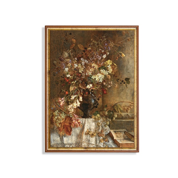 Vintage Still Life with Flowers | Antique Floral Painting | Rustic Farmhouse Summer Decor | Digital Download | Printable Wall Art | Fine Art