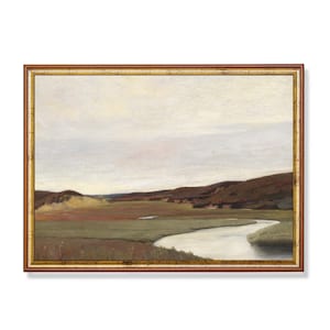 Vintage Riverscape Painting: Farmhouse Landscape Art Print