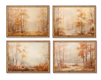 Set of 4 Misty Forest Prints, Impressionist Autumn Woodland Wall Art (Digital Download)