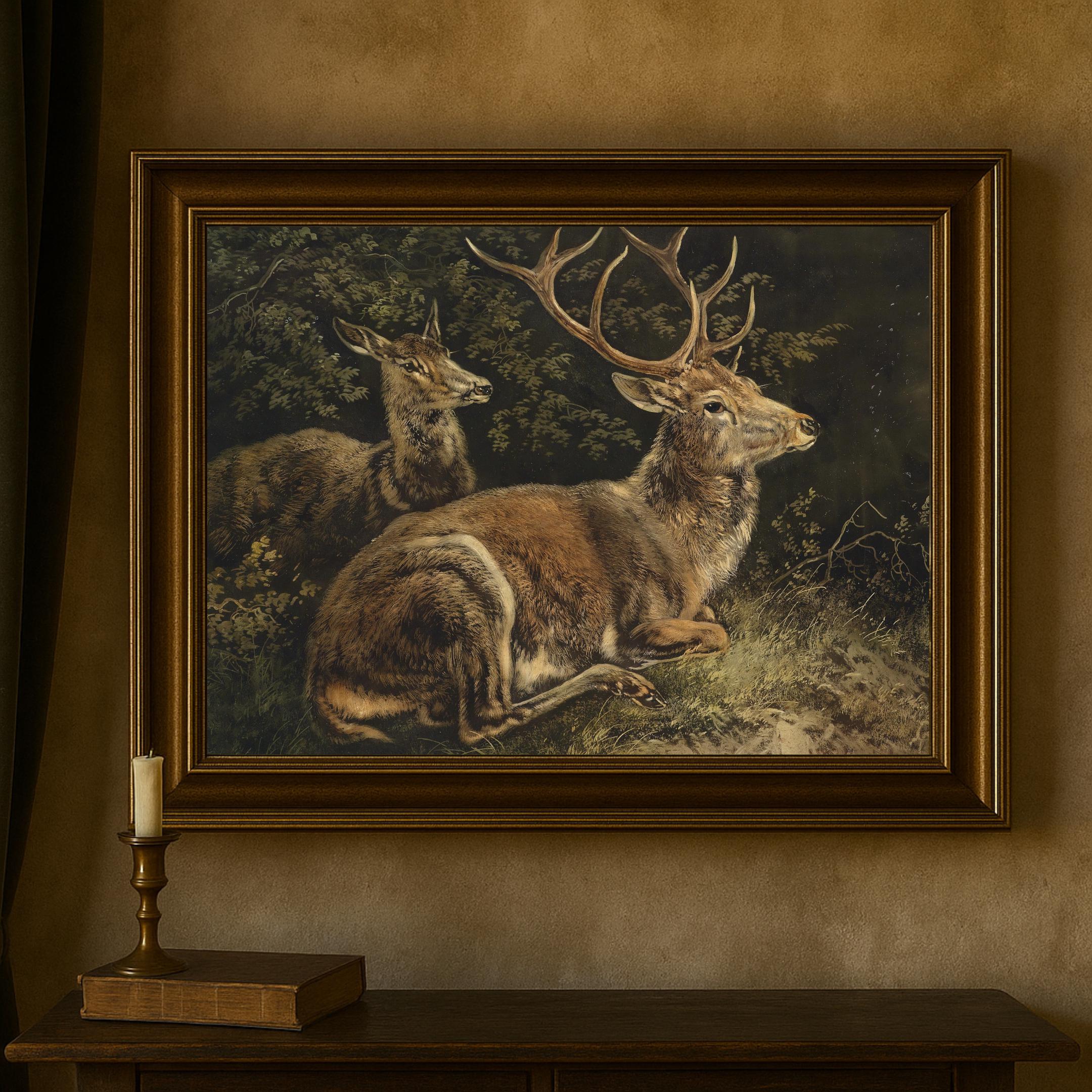 Vintage Stag and Doe Print: Rustic Woodland Wildlife Art (digital ...