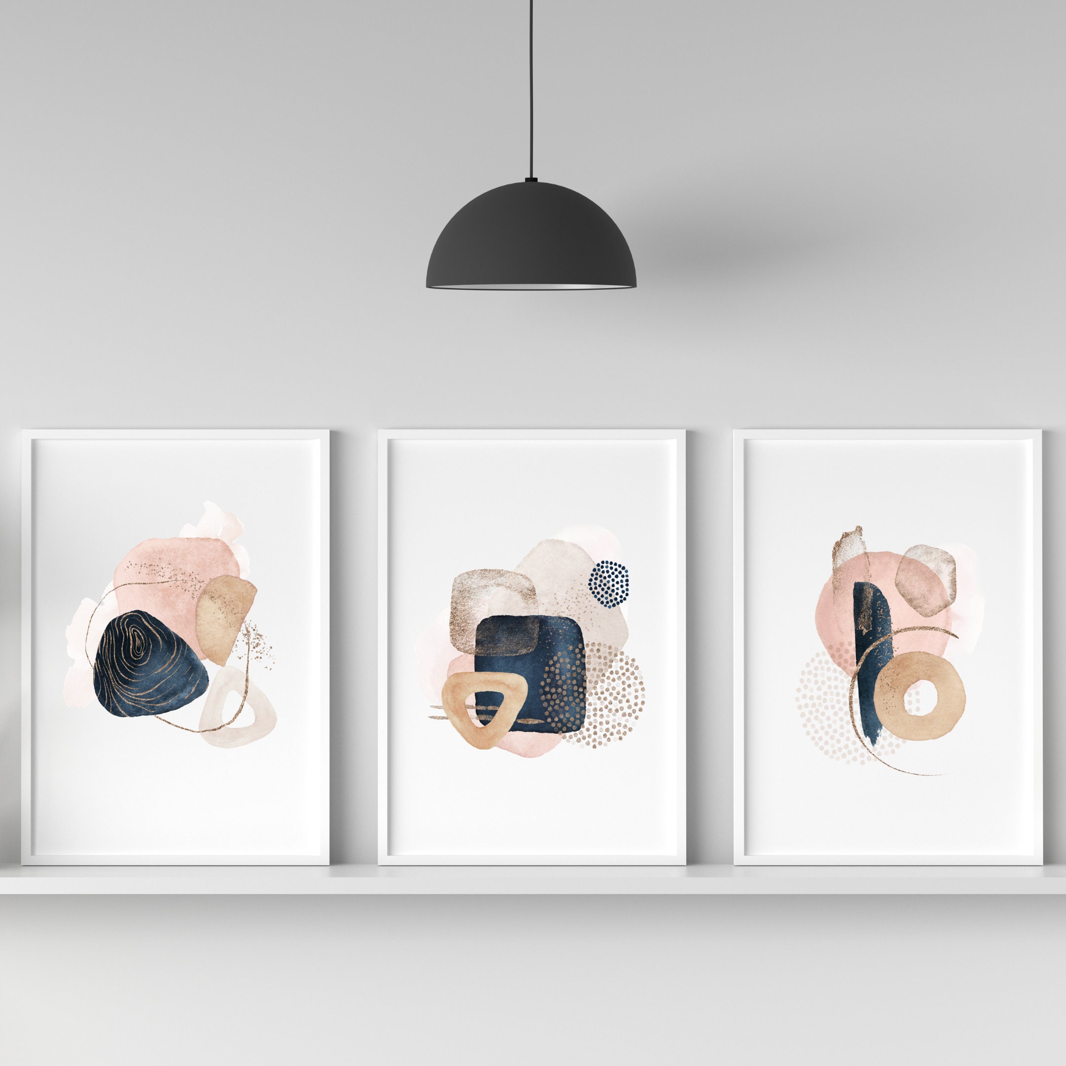3 Piece Wall Art Navy Blue Blush Pink Beige Art Set of 3 Boho Etsy
