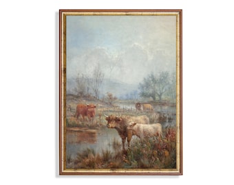 Gedrukt en verzonden | Vintage vee schilderij | Vee in mistige ochtend | Koeien afdrukken | Antieke afdruk | Boerderijdecoratie | Vintage kunst aan de muur