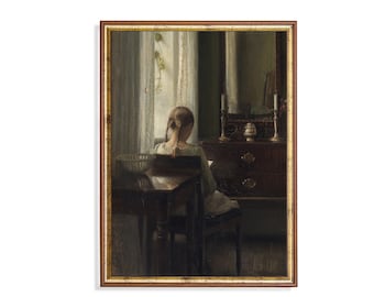 Vintage meisje dat leest kunstafdruk: humeurig antiek portret (afdruk per post)