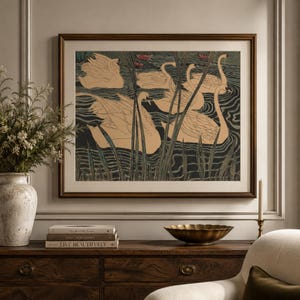 May include: A framed wall art print featuring a stylized illustration of several beige swans swimming in dark water with tall green reeds and small pink water lilies. The artwork is enclosed in a dark brown wooden frame with a wide white mat border.