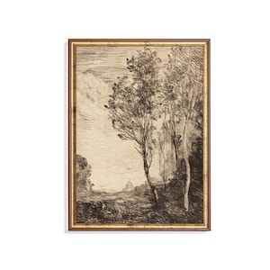 May include: A black and white etching of a landscape with a tree in the foreground and a distant building in the background. The etching is framed in a gold-colored frame.