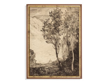 Antique Landscape Etching Print: Black and White Woodland Scene