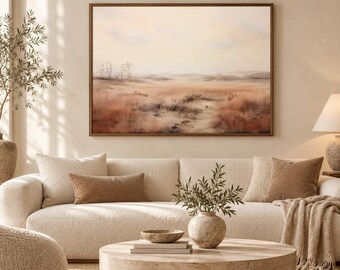Neutral Autumn Landscape Print, Warm Brown Field Art, Minimalist Countryside (Digital Download)