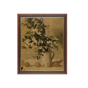 Vintage Floral Still Life Painting: Lemons, Rustic Kitchen Wall Art