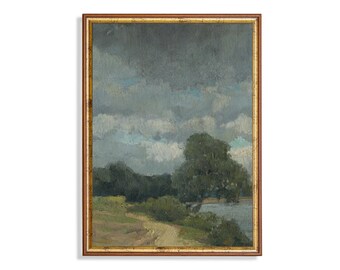 Antique Riverside Landscape Painting: Moody Farmhouse Wall Art (Digital Download)