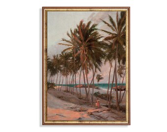 Lámina vintage de palmeras: Decoración de pared con temática playera costera.