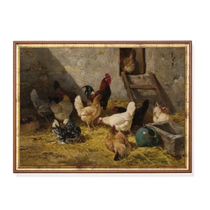 Pintura de Galo | Impressão de Galinha Vintage | Pintura a Óleo Rústica Dark Moody | Download Digital | Arte Antiga de Animal de Fazenda | Arte de Parede para Imprimir