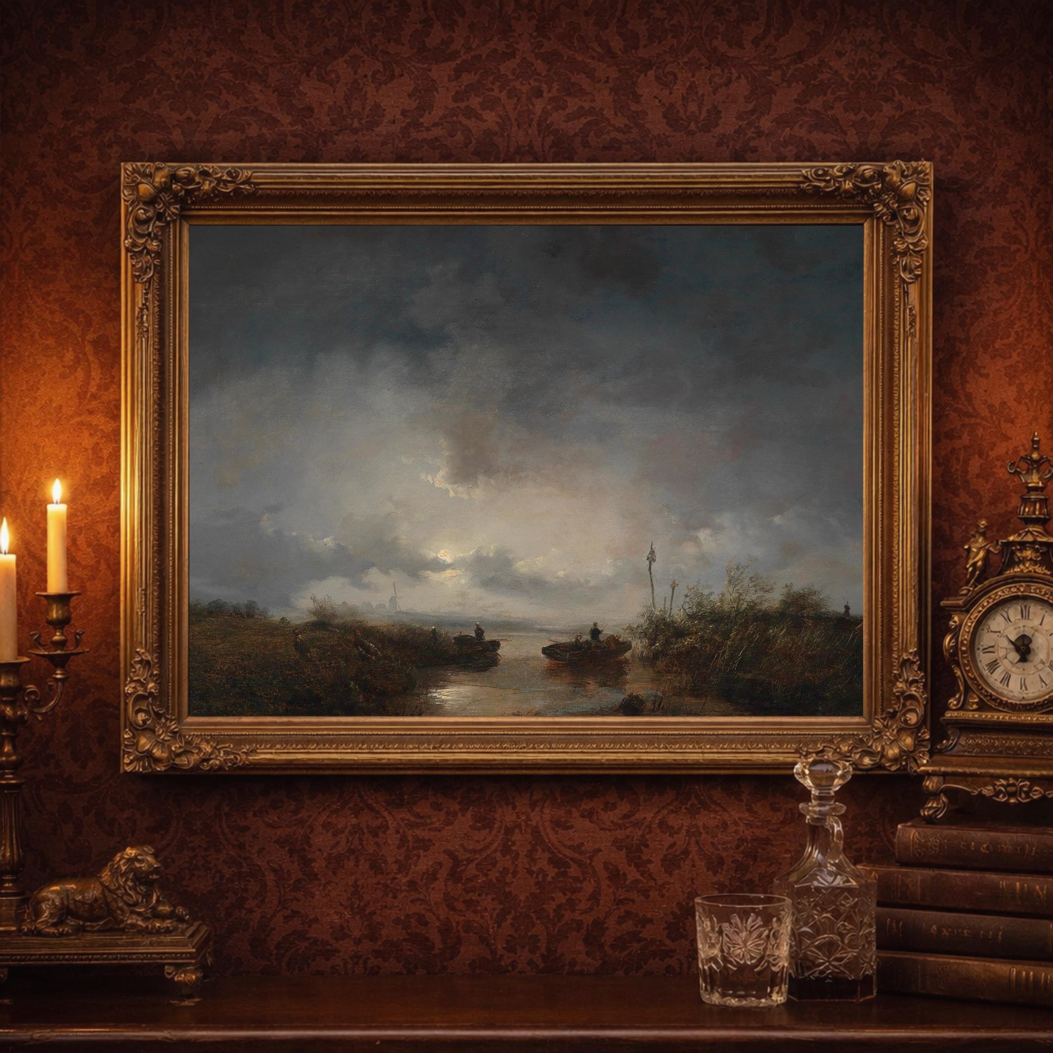 アンティーク川の風景画：憂鬱な夕空、ヴィンテージの湿地風景