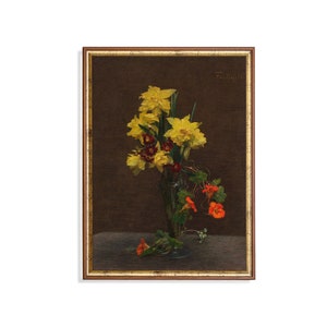 Stampa artistica di narcisi e nasturzi: natura morta botanica d&#39;epoca