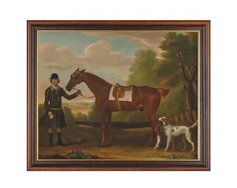 Lámina ecuestre vintage: Caballo, jinete y perro - Arte rústico del siglo XVIII (Descarga digital)