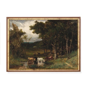 Vintage vee landschapsprint – 19e-eeuws pastoraal schilderij van koeien bij de beek, rustieke boerderij muurkunst, landelijke natuur decor