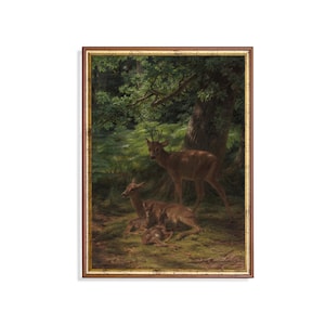 Vintage Deer Family Painting: Rustic Farmhouse Animal Print